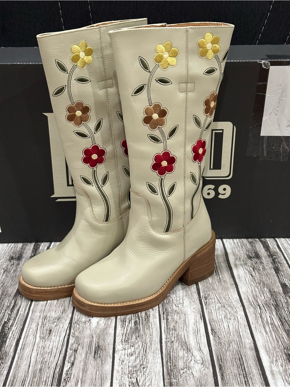dingo Cream Floral Embroidered Mid-Calf Heeled Boots